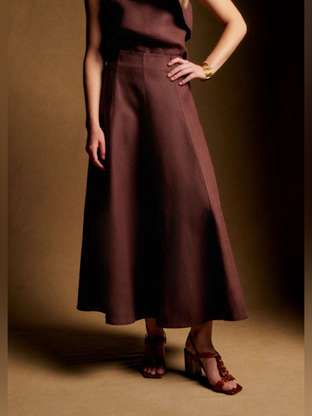 SEZANE Soelle Linen Skirt Chocolate Brown Size 44/US 12 NWT